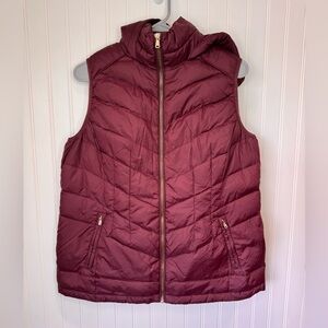 Metaphor Women’s Maroon Down Puffer Hooded Vest Gold Zipper Pockets Size L Large